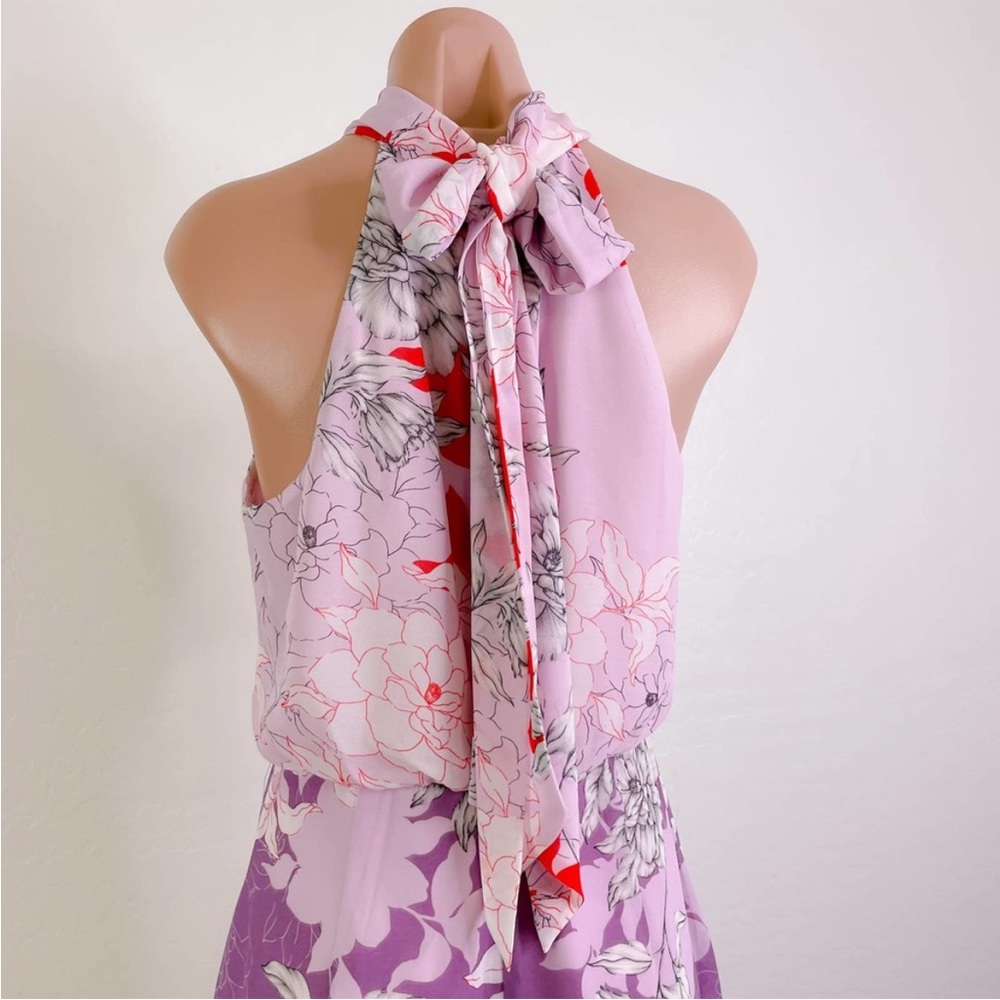 Belle Badgley Mischka Floral Halter Tie Neck Rhisa Midi Dress Lilac - Picture 4 of 13